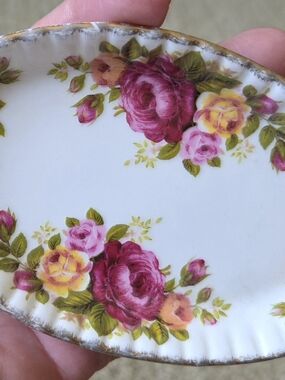 Vintage Cottage Rose Small Oval Floral Porcelain Dish with Pink and Yellow Roses